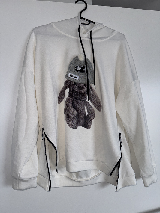 White Hoodie with Bunny Print & Zippers